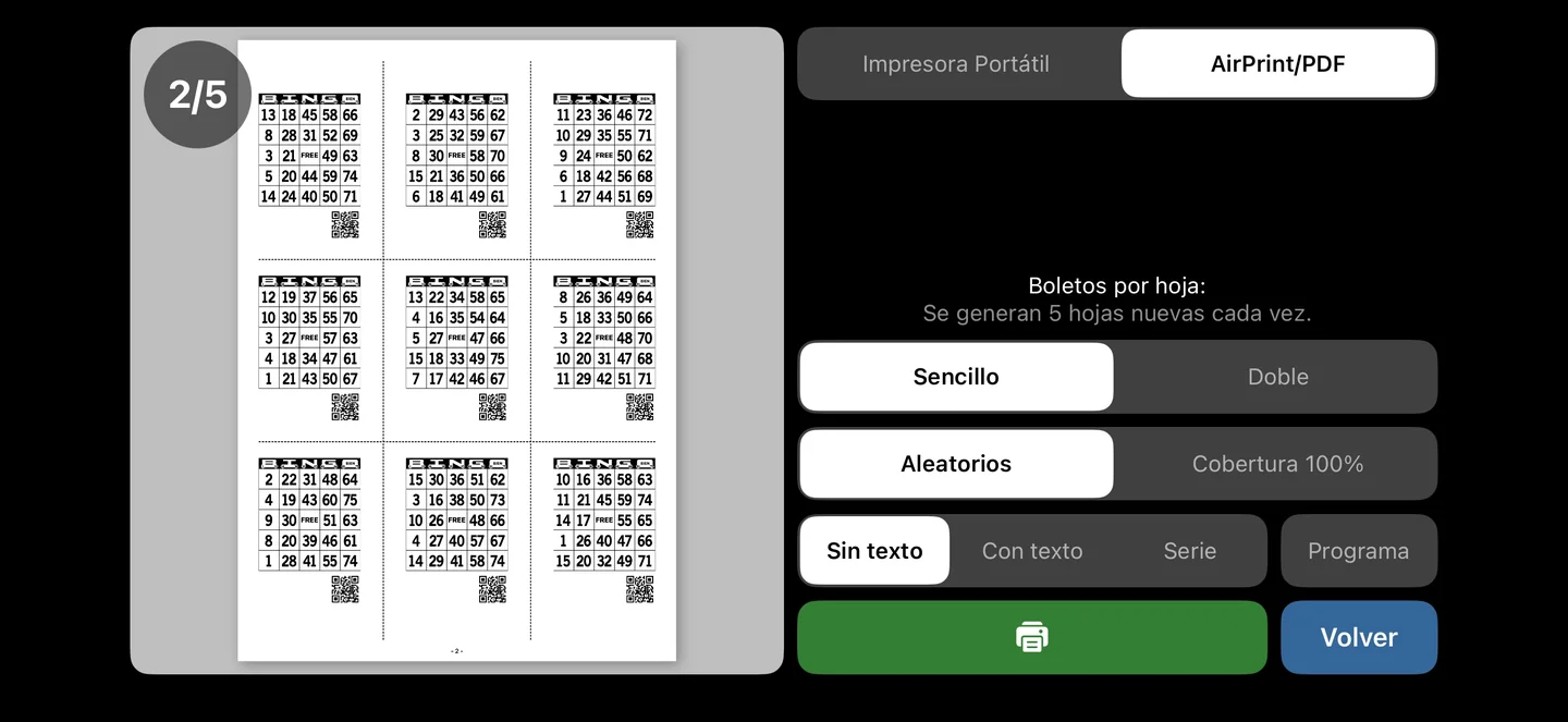Pantalla de impresión de boletos en Bingo Bien